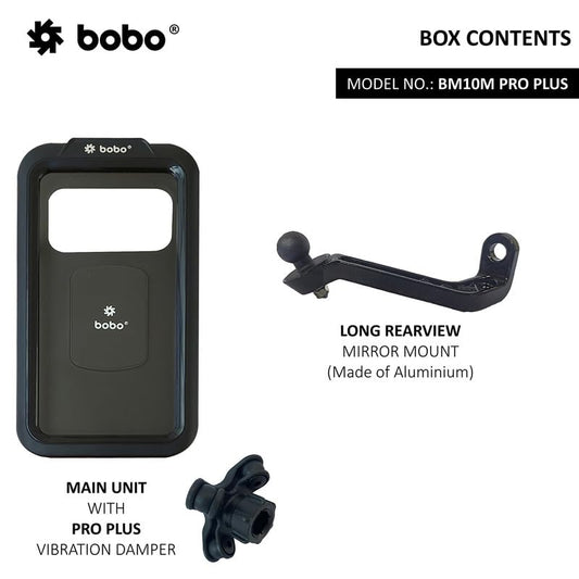 BOBO BM10M PRO Plus Mirror Mount with PRO Plus Vibration Damper, Fully Waterproof Bike/Motorcycle/Scooter Mobile Phone Holder Mount, Ideal for Maps and GPS Navigation (Black)