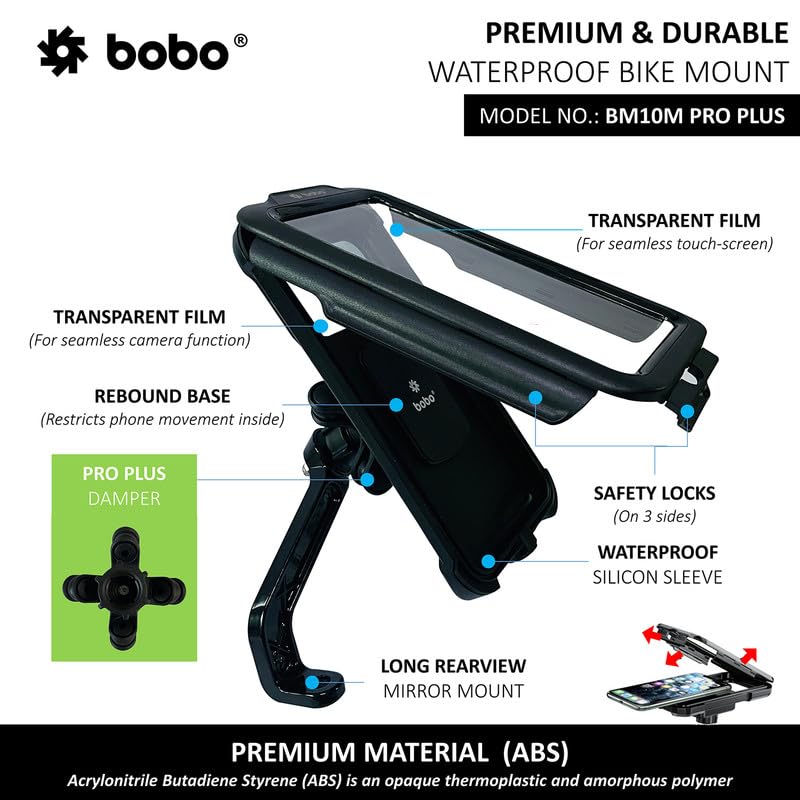 BOBO BM10M PRO Plus Mirror Mount with PRO Plus Vibration Damper, Fully Waterproof Bike/Motorcycle/Scooter Mobile Phone Holder Mount, Ideal for Maps and GPS Navigation (Black)