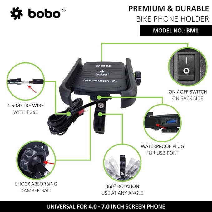 BOBO BM1 Jaw-Grip Waterproof Bike/Motorcycle/Scooter Mobile Phone Holder Mount with Fast USB 3.0 Charger, Ideal for Maps and GPS Navigation (Black)