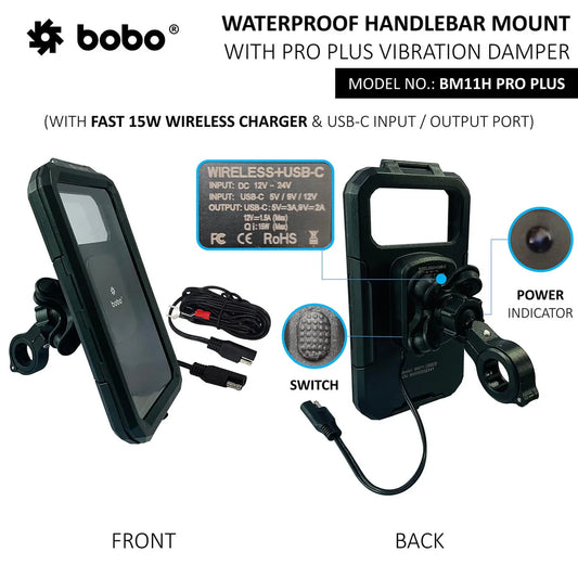 BOBO BM11H PRO Plus Handlebar Mount with Damper, Fully Waterproof Bike/Motorcycle/Scooter Mobile Phone Holder Mount with 15W Wireless & USB-C I/O Charger, Ideal for Maps and GPS Navigation (Black)