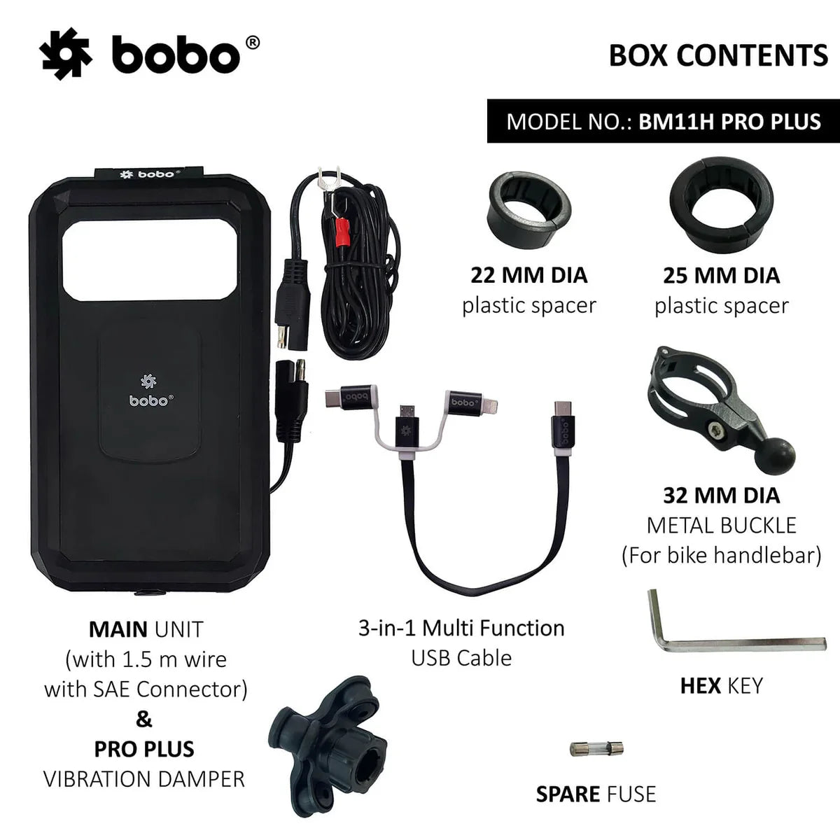 BOBO BM11H PRO Plus Handlebar Mount with Damper, Fully Waterproof Bike/Motorcycle/Scooter Mobile Phone Holder Mount with 15W Wireless & USB-C I/O Charger, Ideal for Maps and GPS Navigation (Black)
