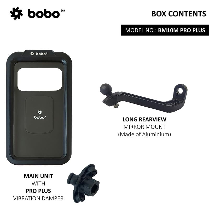 BOBO BM10M PRO Plus Mirror Mount with PRO Plus Vibration Damper, Fully Waterproof Bike/Motorcycle/Scooter Mobile Phone Holder Mount, Ideal for Maps and GPS Navigation (Black)