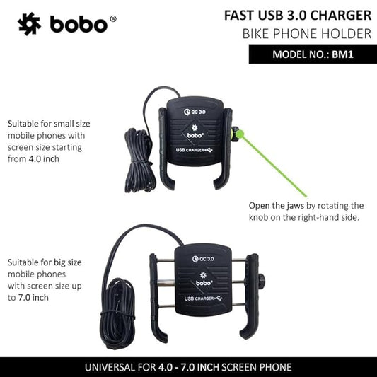 BOBO BM1 Jaw-Grip Waterproof Bike/Motorcycle/Scooter Mobile Phone Holder Mount with Fast USB 3.0 Charger, Ideal for Maps and GPS Navigation (Black)