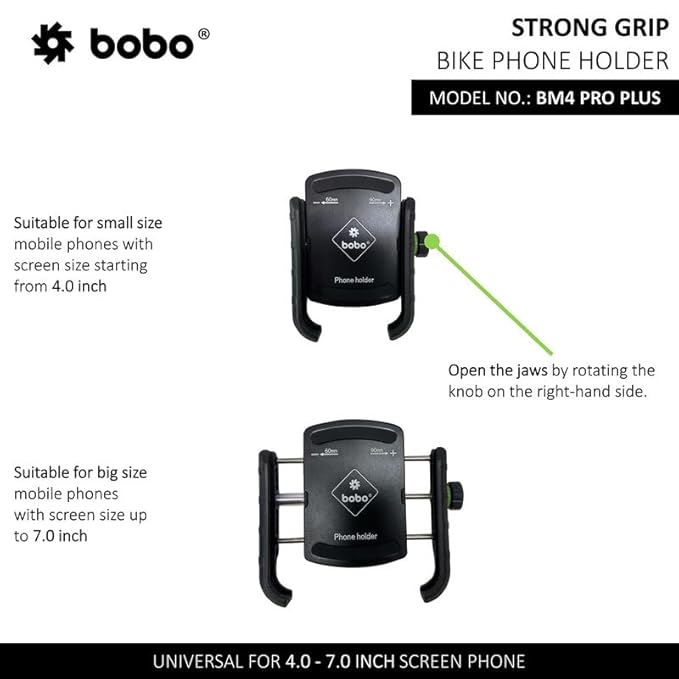 BOBO BM4 PRO Plus Jaw-Grip with PRO Plus Vibration Damper Waterproof Bike/Motorcycle/Scooter Mobile Phone Holder Mount, Ideal for Maps and GPS Navigation (Black)