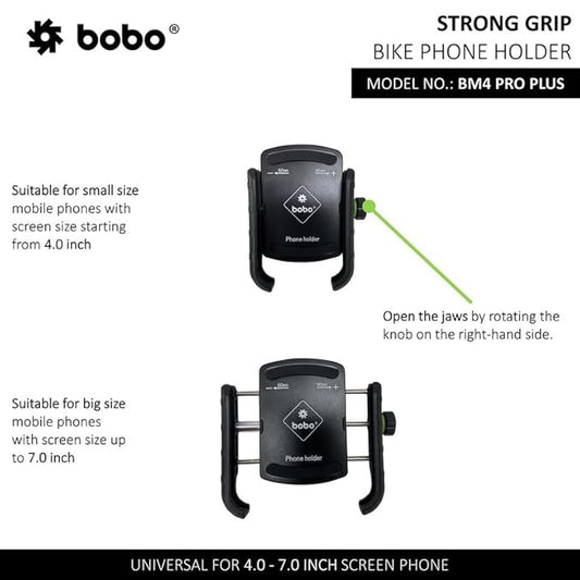 BOBO BM4 PRO Plus Jaw-Grip with PRO Plus Vibration Damper Waterproof Bike/Motorcycle/Scooter Mobile Phone Holder Mount, Ideal for Maps and GPS Navigation (Black)