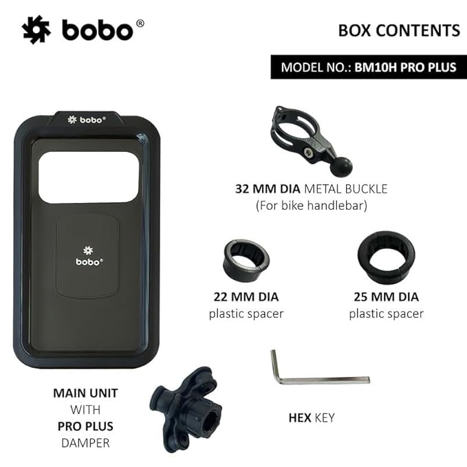 BOBO BM10H PRO Plus Handlebar Mount with PRO Plus Vibration Damper, Fully Waterproof Bike/Motorcycle/Scooter Mobile Phone Holder Mount, Ideal for Maps and GPS Navigation (Black)