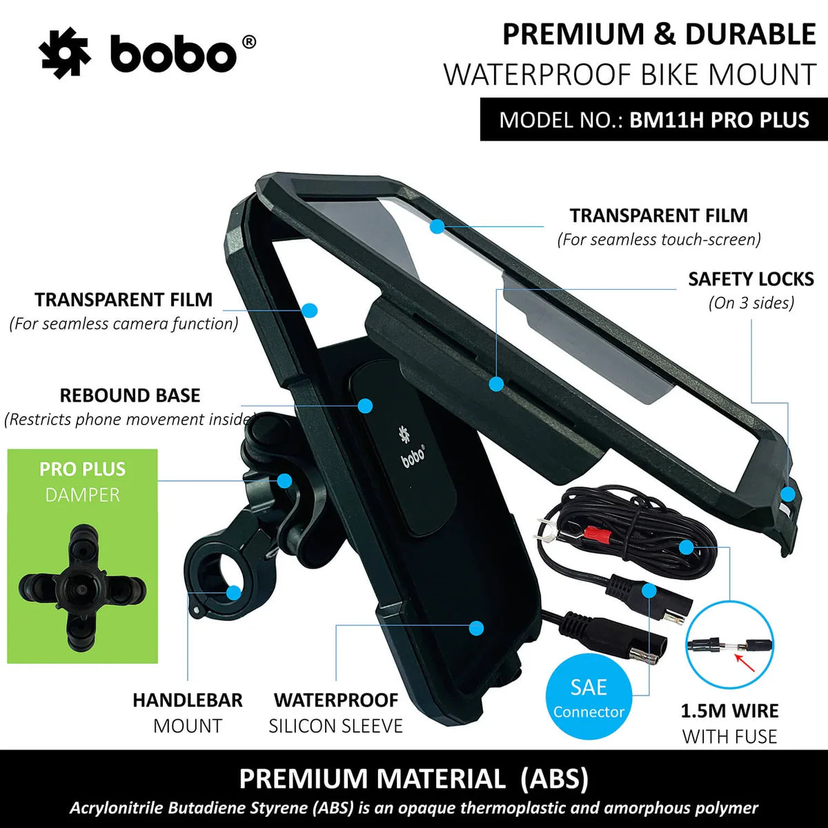 BOBO BM11H PRO Plus Handlebar Mount with Damper, Fully Waterproof Bike/Motorcycle/Scooter Mobile Phone Holder Mount with 15W Wireless & USB-C I/O Charger, Ideal for Maps and GPS Navigation (Black)